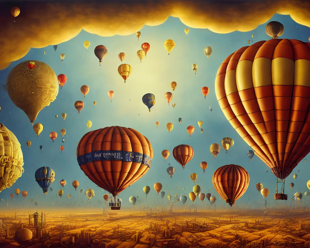 Numerous hot air balloons in golden sky over intricate landscape