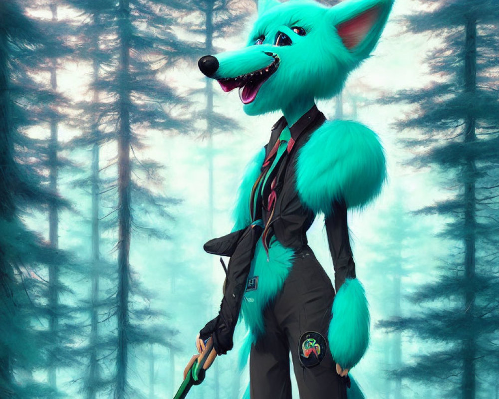 Blue anthropomorphic fox in business suit with cane in misty forest