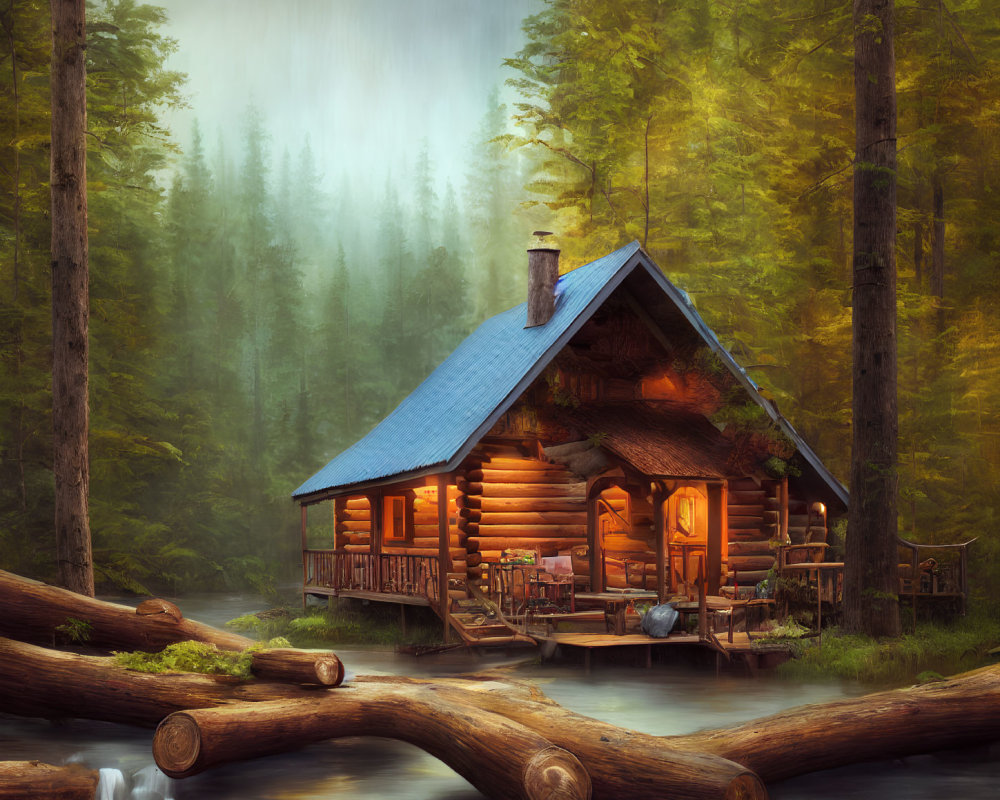 Cozy log cabin in misty pine forest with blue roof and stream.