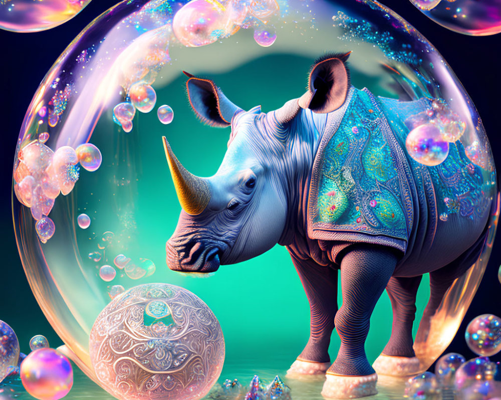 Surreal rhino with cloak in cosmic bubble scene