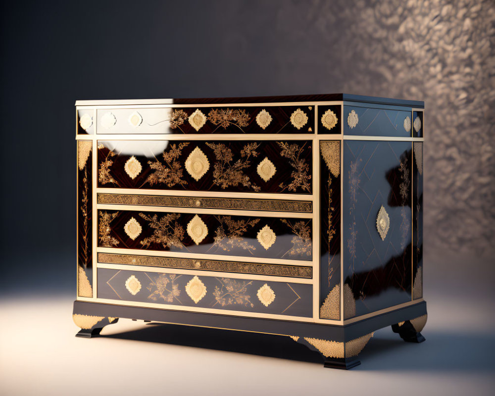 Inlaid geometric patterns on ornate wooden cabinet with gold accents