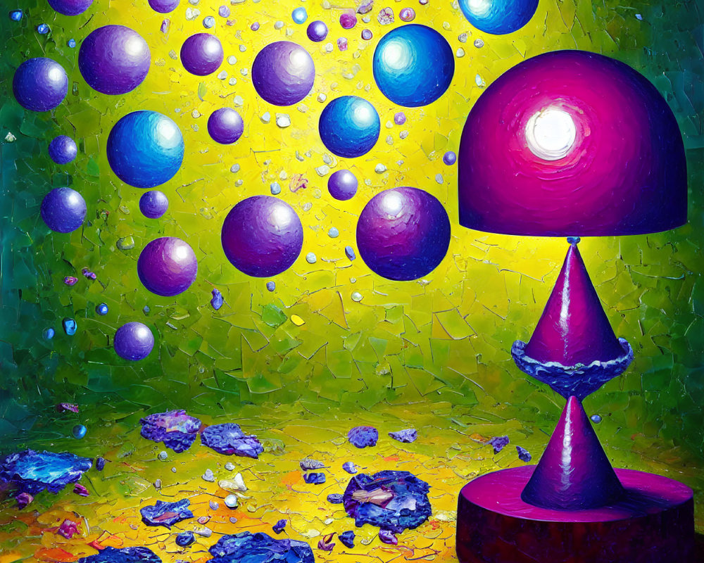 Colorful Abstract Painting with Floating Spheres on Yellow Background