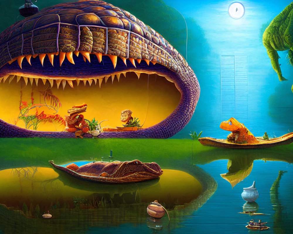 Dinosaurs in human-like activities with turtle shell house