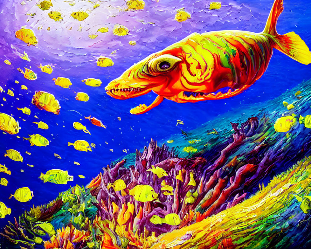 Colorful Fish Surrounded by Yellow Fish in Vibrant Underwater Scene