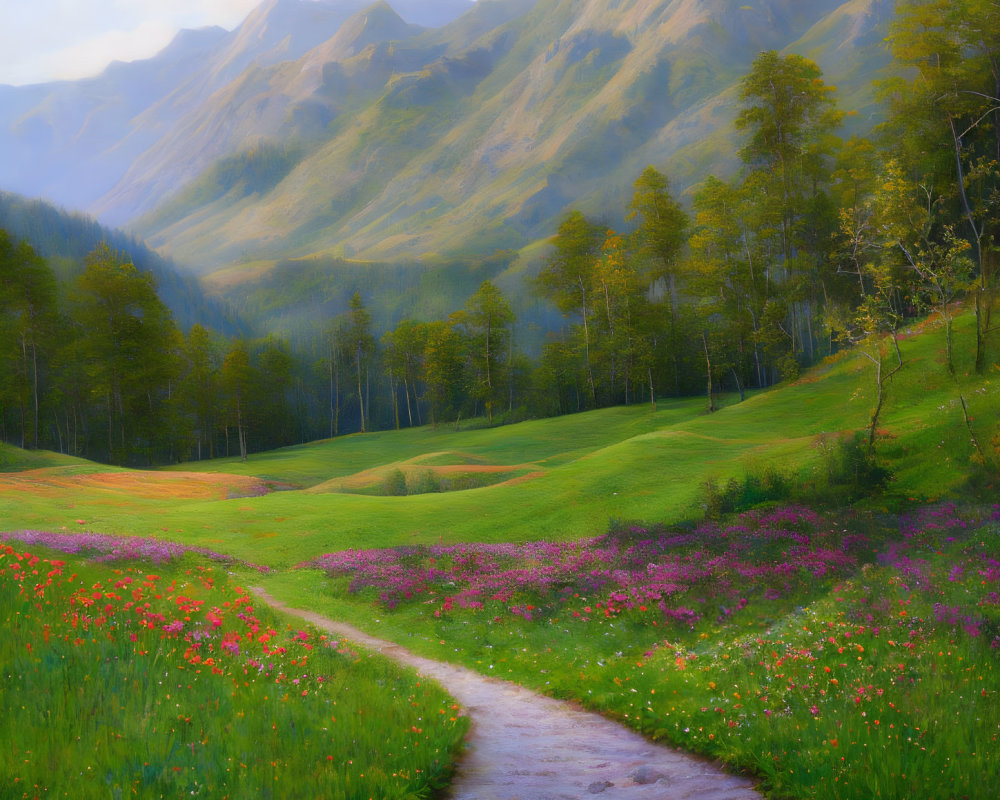 Tranquil landscape: meadow with wildflowers, trees, and mountains