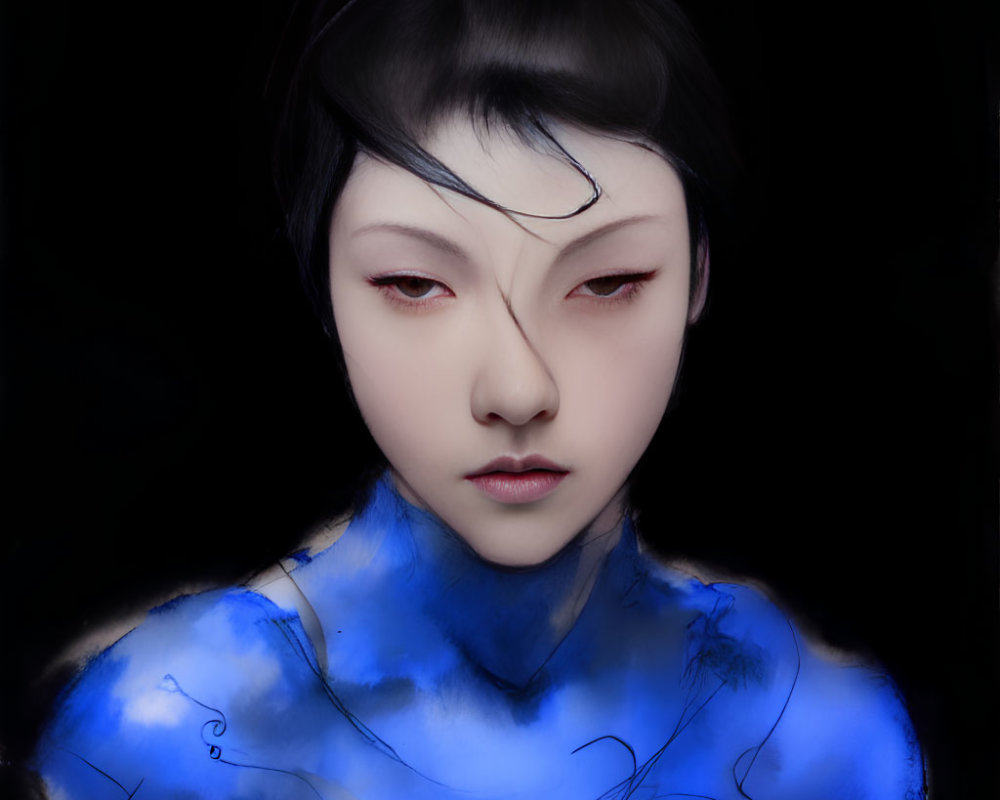 Mysterious pale-skinned figure with red eyes in digital art