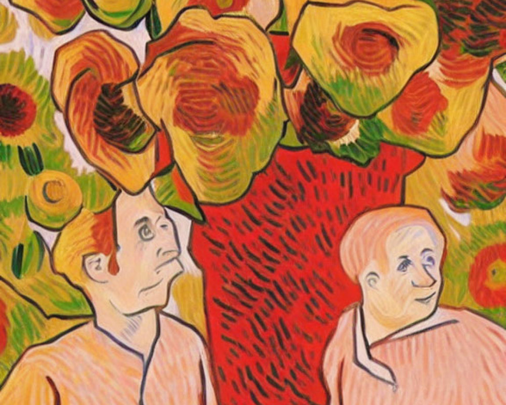 Colorful artwork: Two stylized figures among vibrant oversized flowers