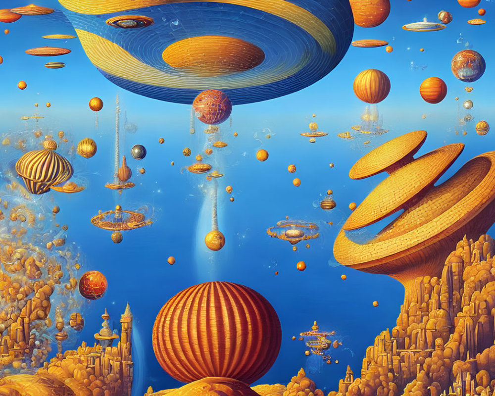 Vibrant Cosmic Landscape with Floating Cities and Planets