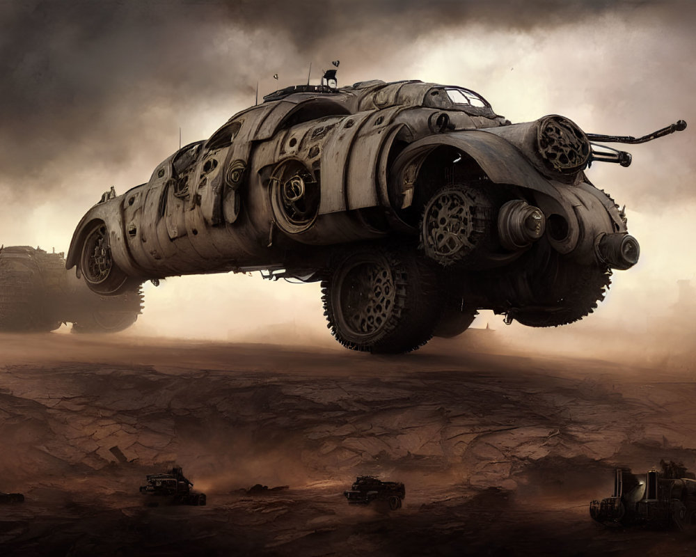 Armored caterpillar vehicle in dystopian wasteland with smaller vehicles in dusty atmosphere