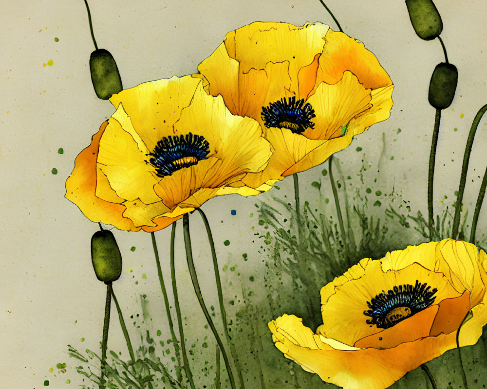 Vibrant yellow poppies on textured beige background