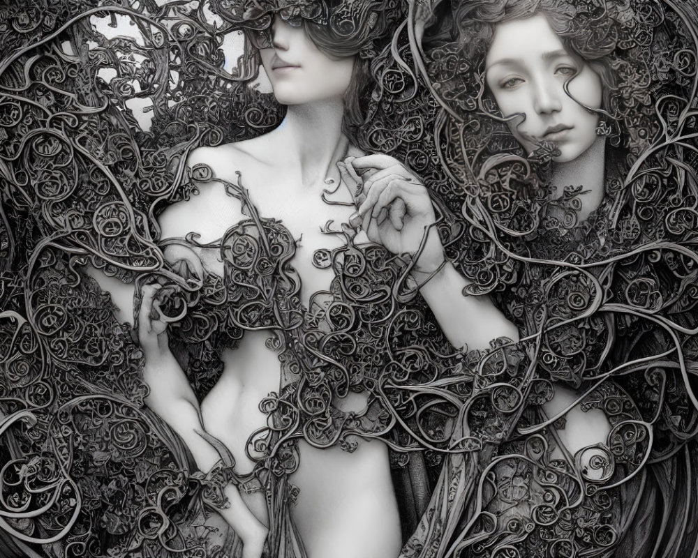 Monochrome artwork featuring intertwined figures with elaborate swirling patterns.