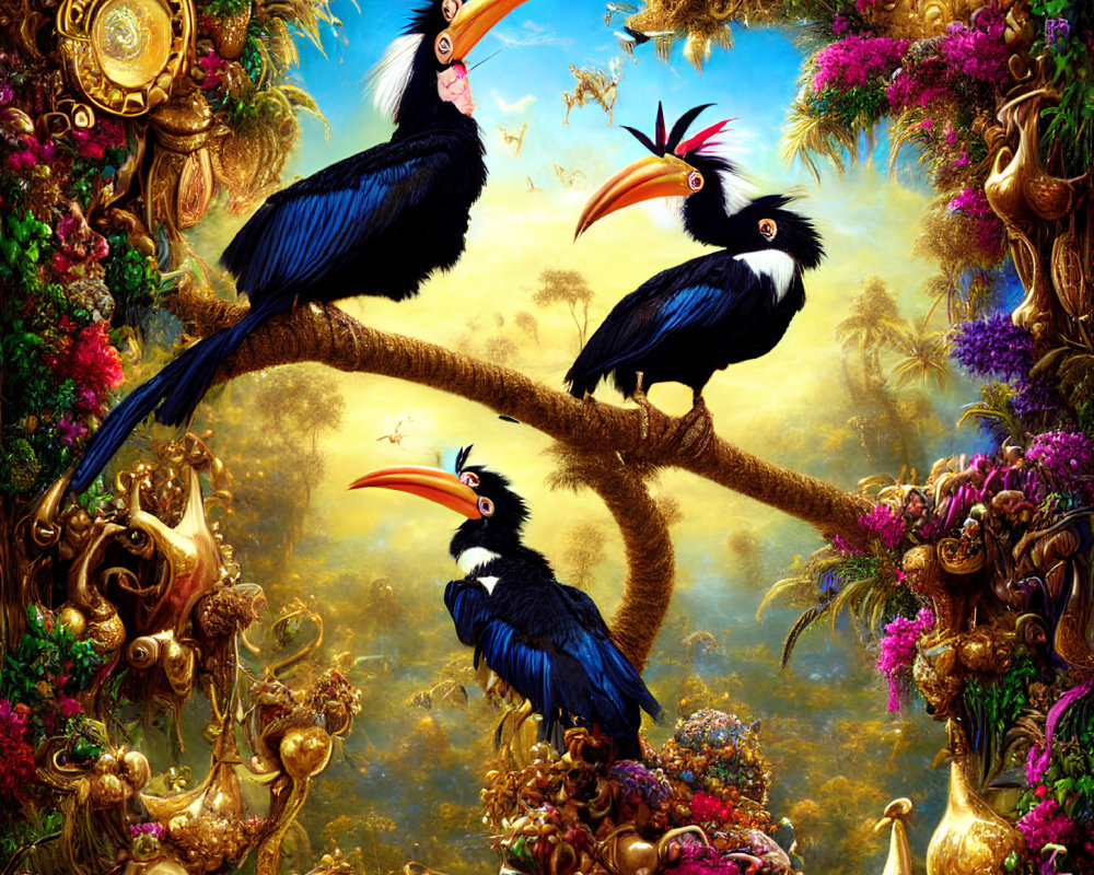 Vibrant jungle scene with three hornbills on a branch