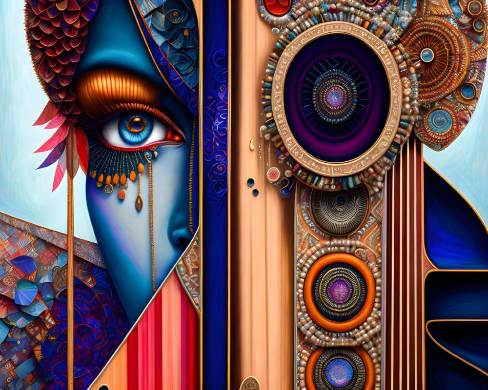 Colorful surrealist artwork of stylized face with intricate patterns in blues, oranges, and purp