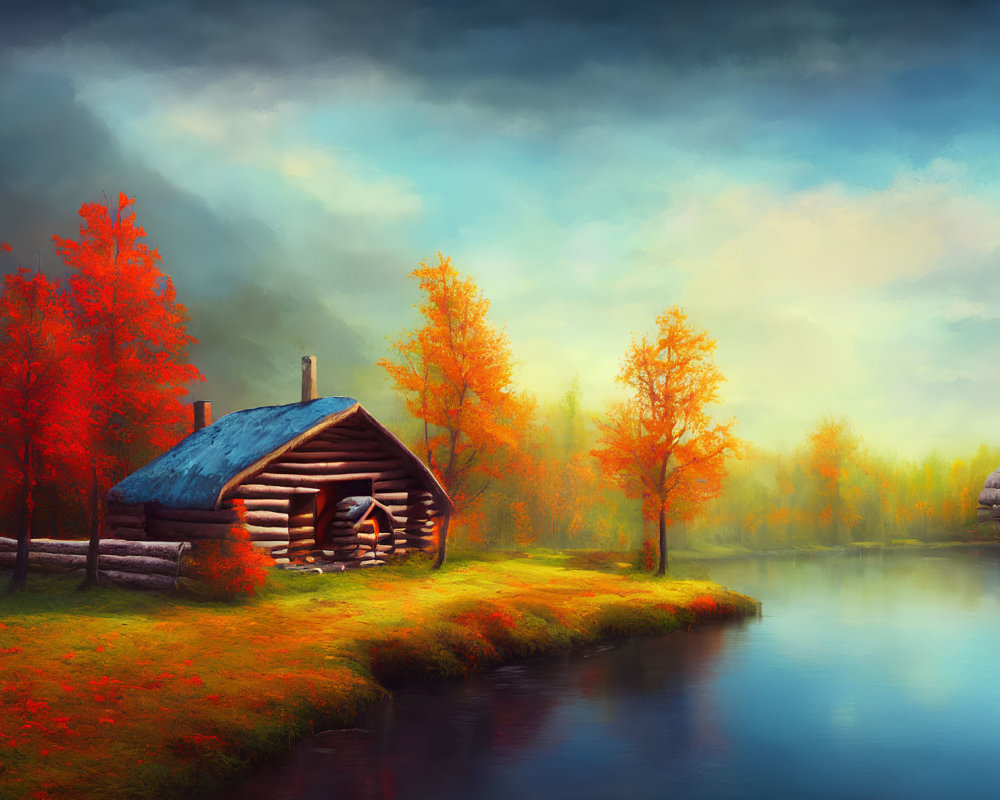 Tranquil lake cabin surrounded by autumn foliage