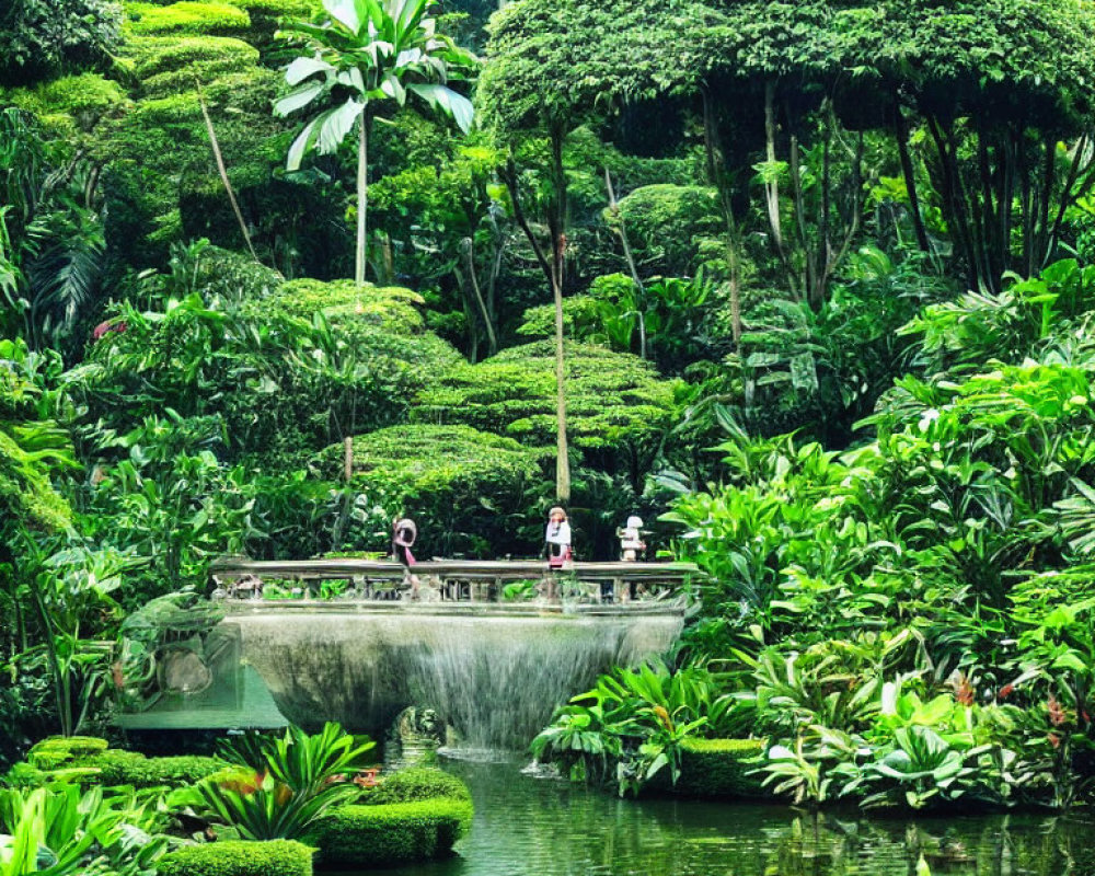 Tranquil garden scene with stone bridge and waterfall viewing.