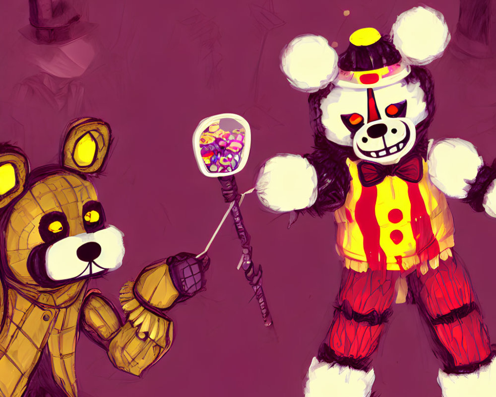 Stylized vintage teddy bear and clown bear figures on dark background