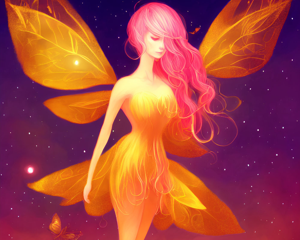 Whimsical fairy with pink hair and yellow wings in a starry sky