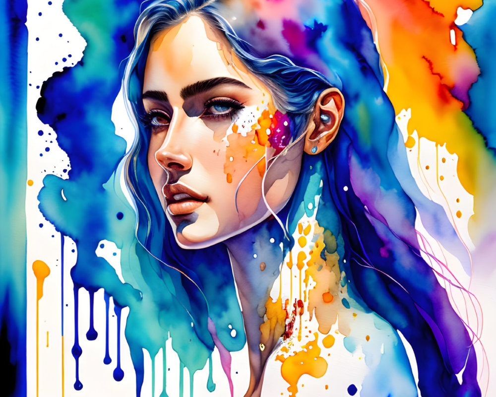 Colorful Watercolor Illustration of Woman with Abstract Splashes