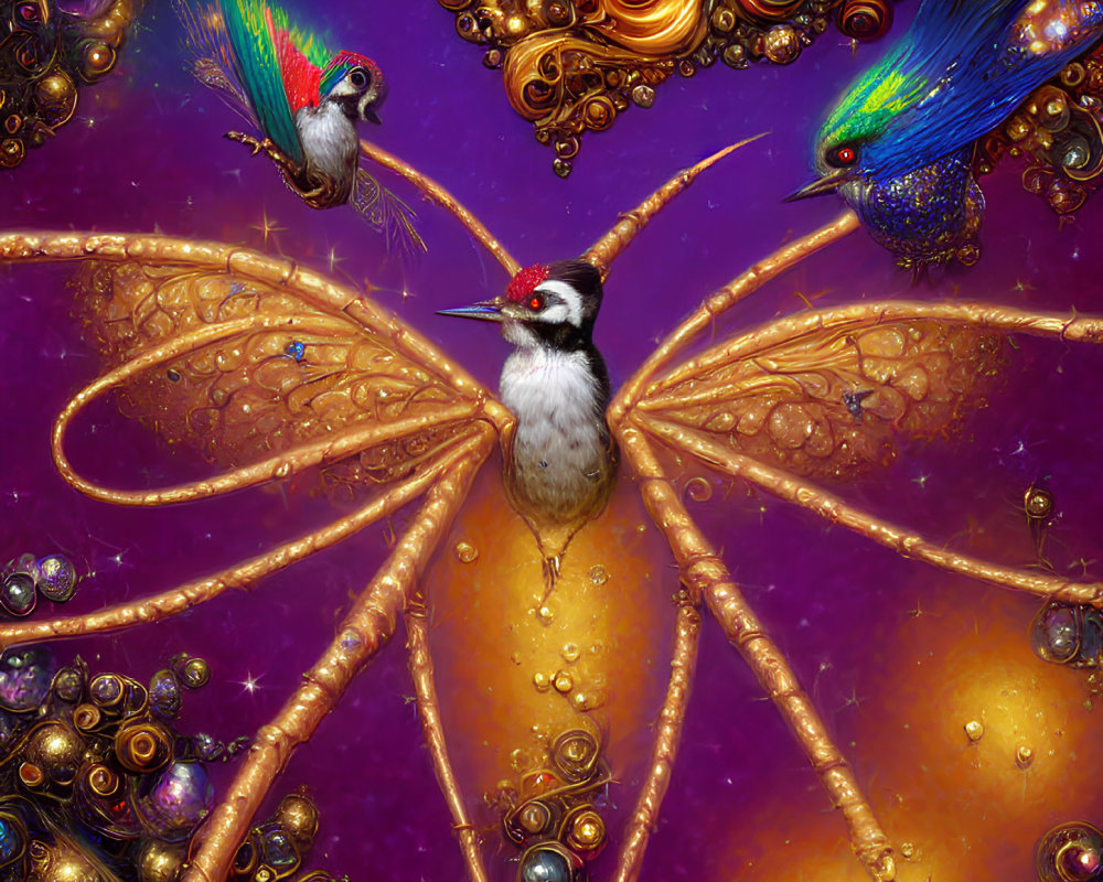 Colorful digital artwork: Golden dragonfly, birds, cosmic backdrop