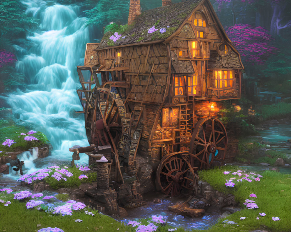 Enchanting fairy-tale cottage by waterfall and waterwheel