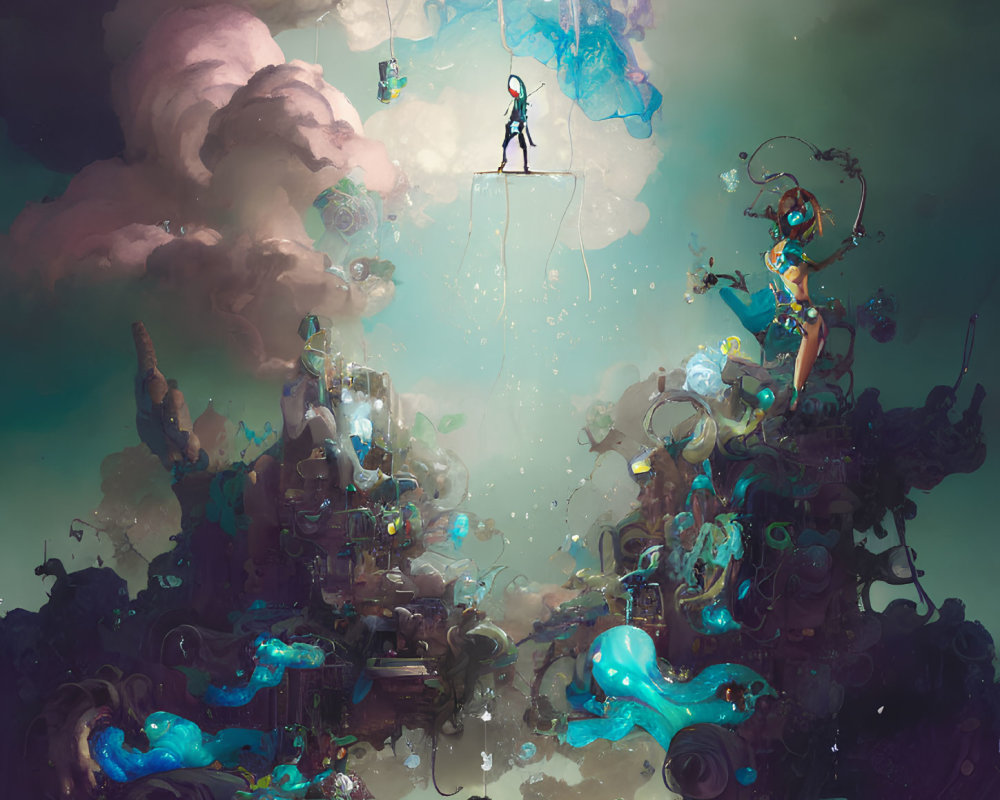 Surreal artwork: Figure on floating platform above vibrant ruins