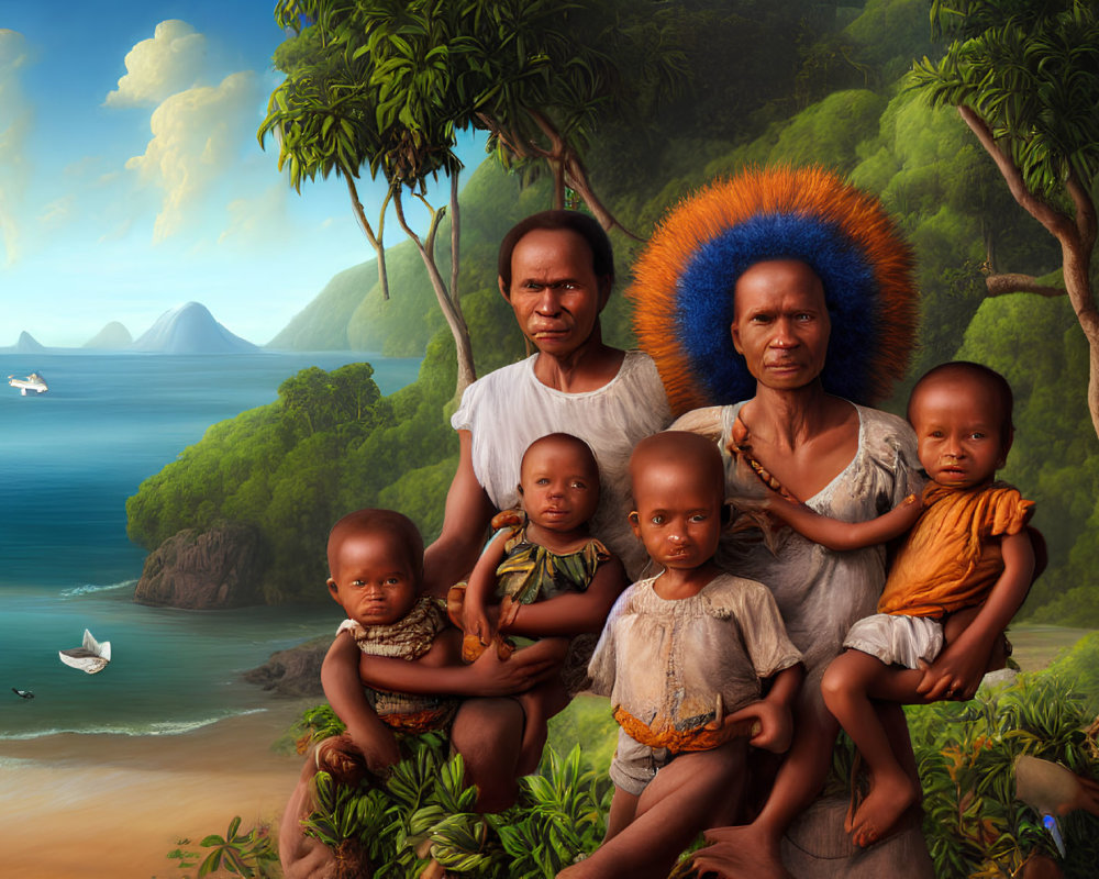 Family Portrait in Coastal Setting with Blue and Orange Headdresses