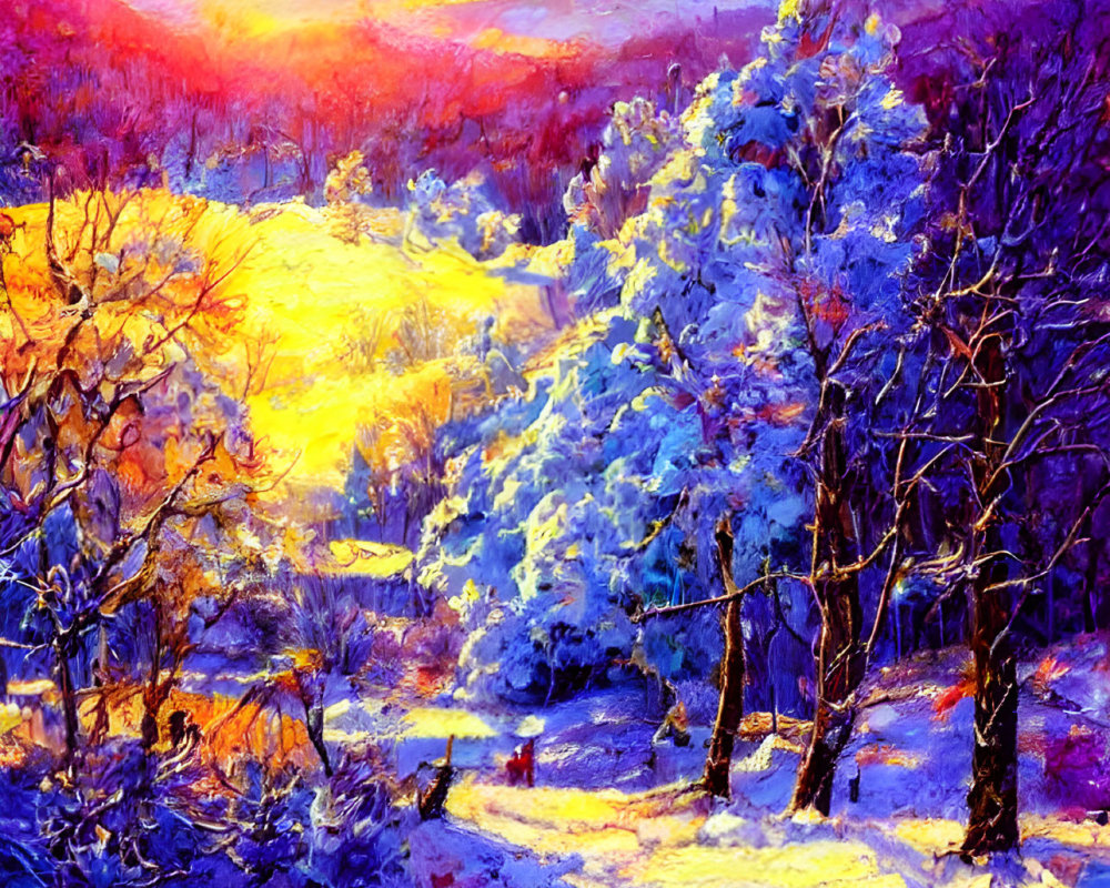 Snowy landscape painting with colorful sunset sky.