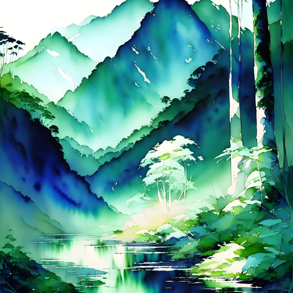 Scenic watercolor landscape of mountains, forests, river, and sunlight