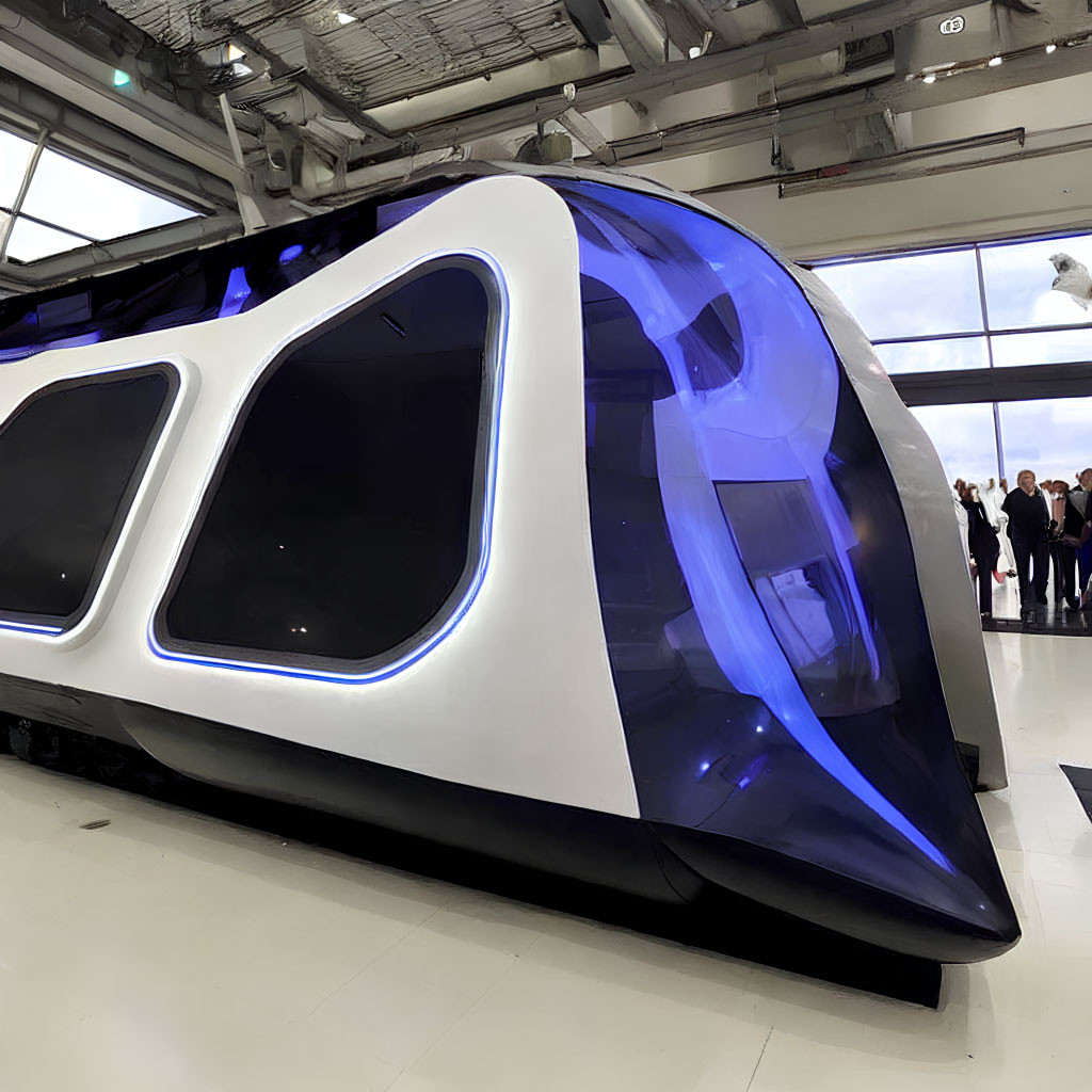 Futuristic blue and white train on display with onlookers