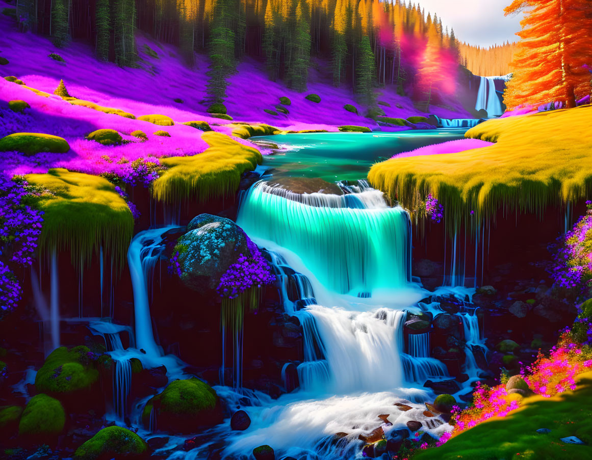 Colorful surreal landscape with waterfalls, vibrant grass, and glowing sunset