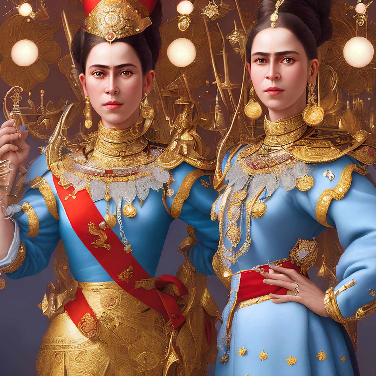 Ornate blue and gold traditional attire on two women with intricate jewelry and headpieces against a backdrop