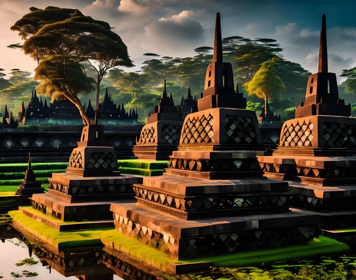 Serene sunset landscape with ancient temple ruins and lush greenery