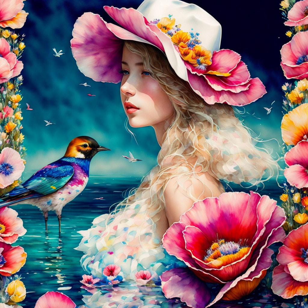 Woman with Floral Hat and Bird Among Vibrant Flowers on Dark Background