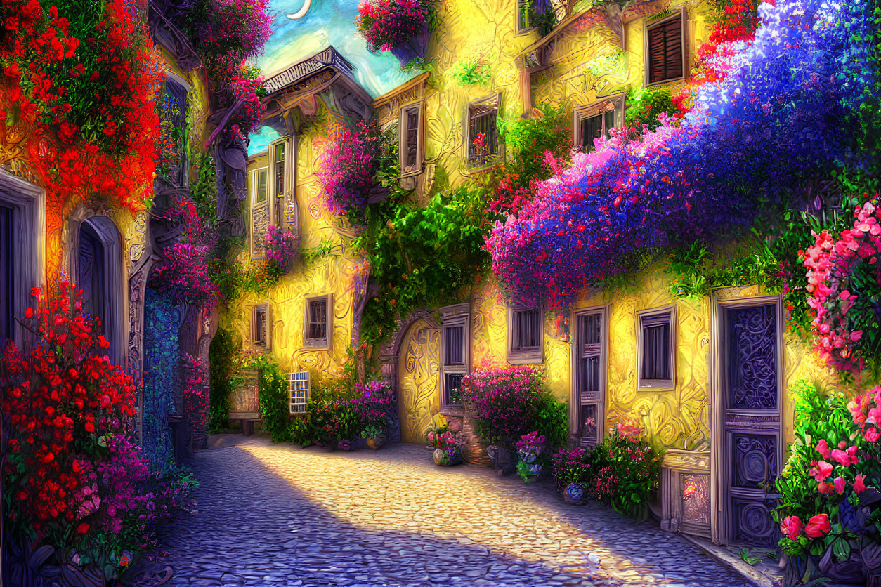 Colorful flowers and cobblestoned alley with lush greenery and old-fashioned buildings