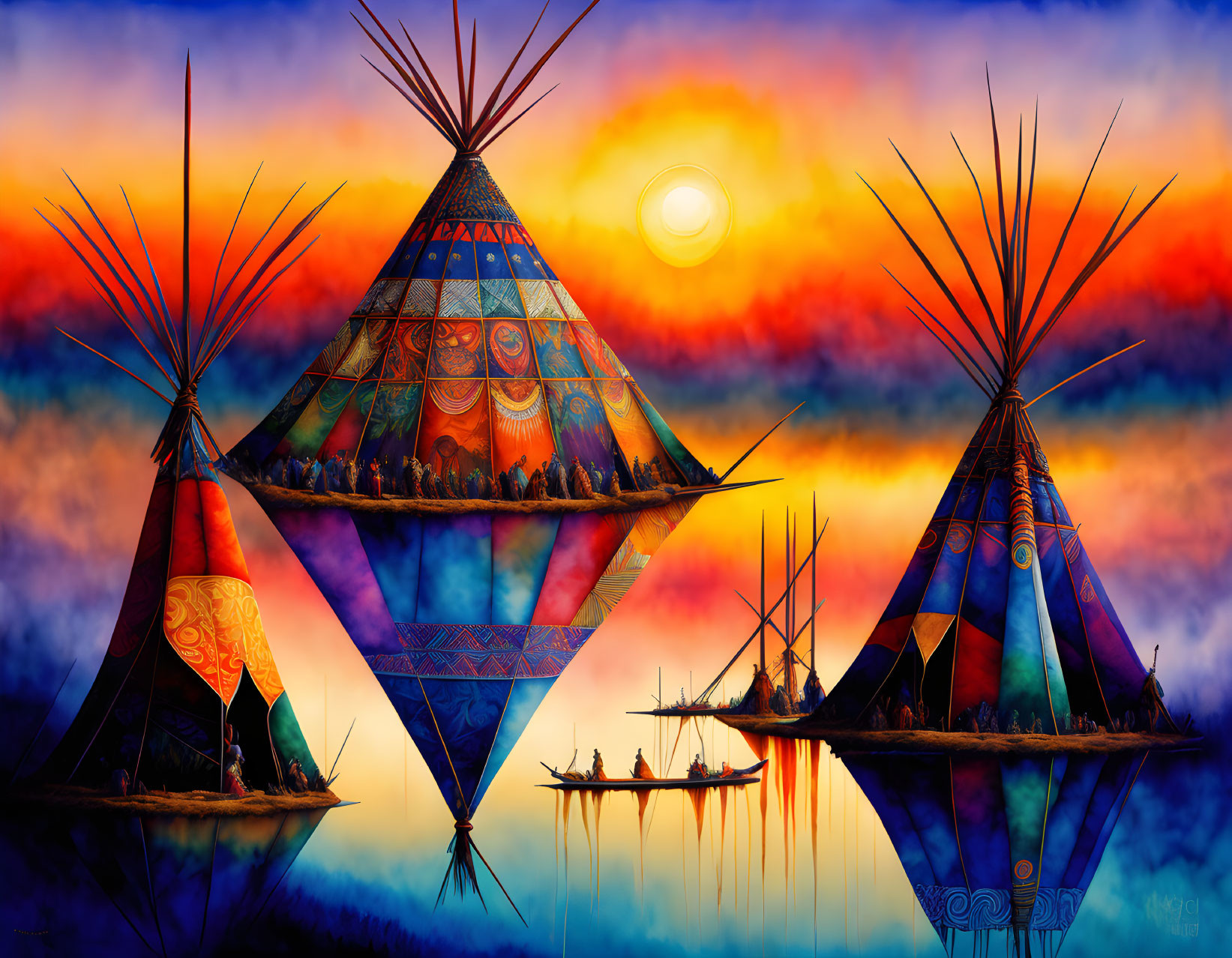 Vibrant teepee painting by waterfront at sunrise/sunset