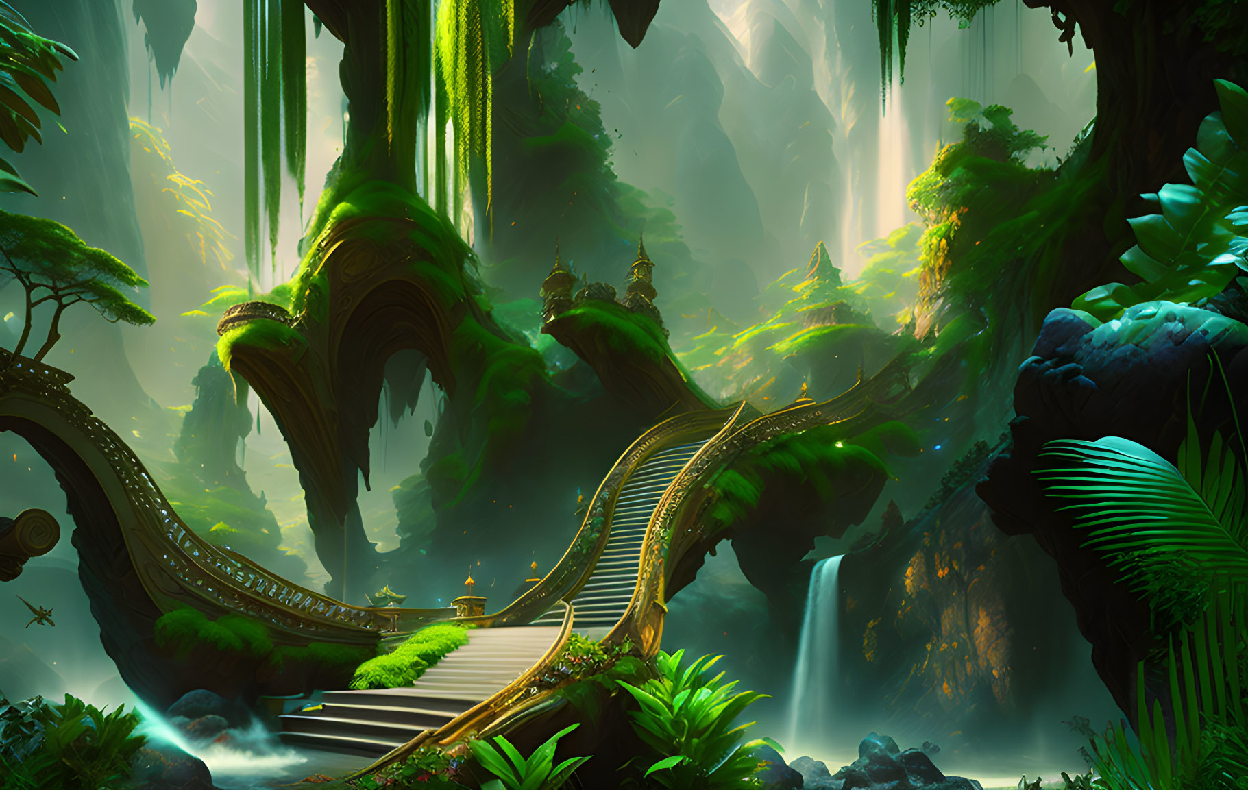 Ethereal forest with greenery, waterfalls, wooden bridge, colossal trees