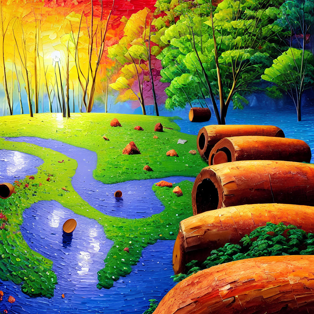 Whimsical landscape painting with vibrant colors and blue stream