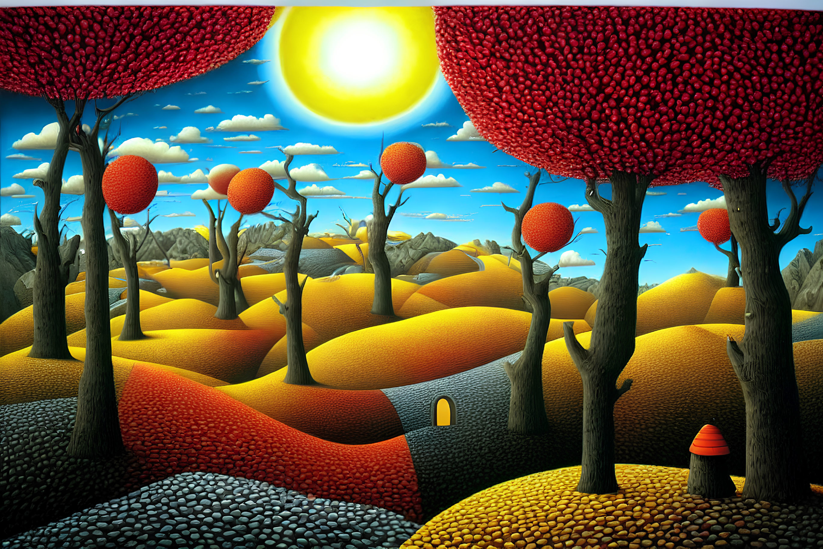 Vibrant sun and red-canopied trees in whimsical landscape