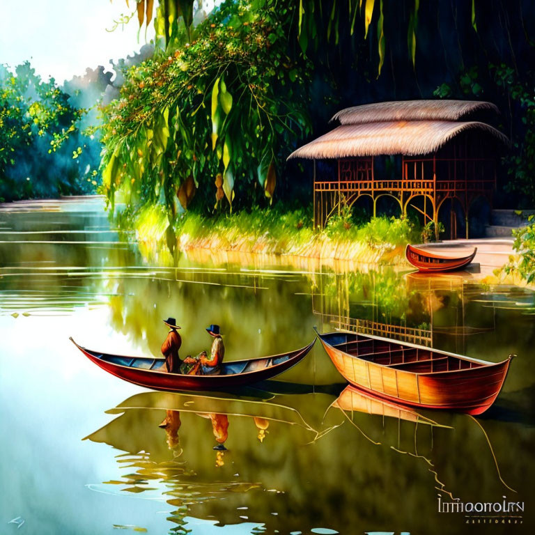 Tranquil river scene with two people in a canoe near a thatched hut