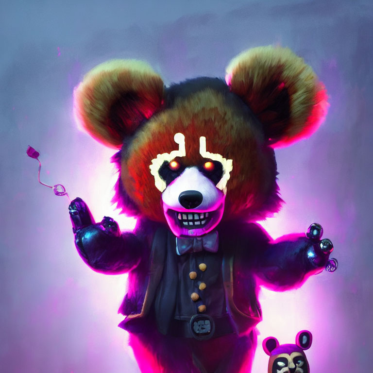 Menacing robotic bear in suit with glowing eyes and microphone, purple haze background