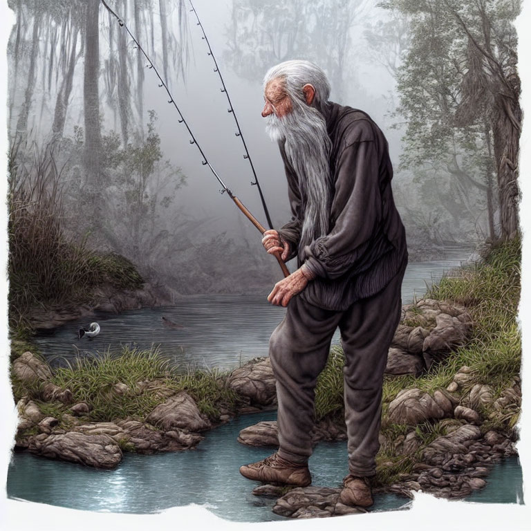 Elderly man with white beard fishing by misty river