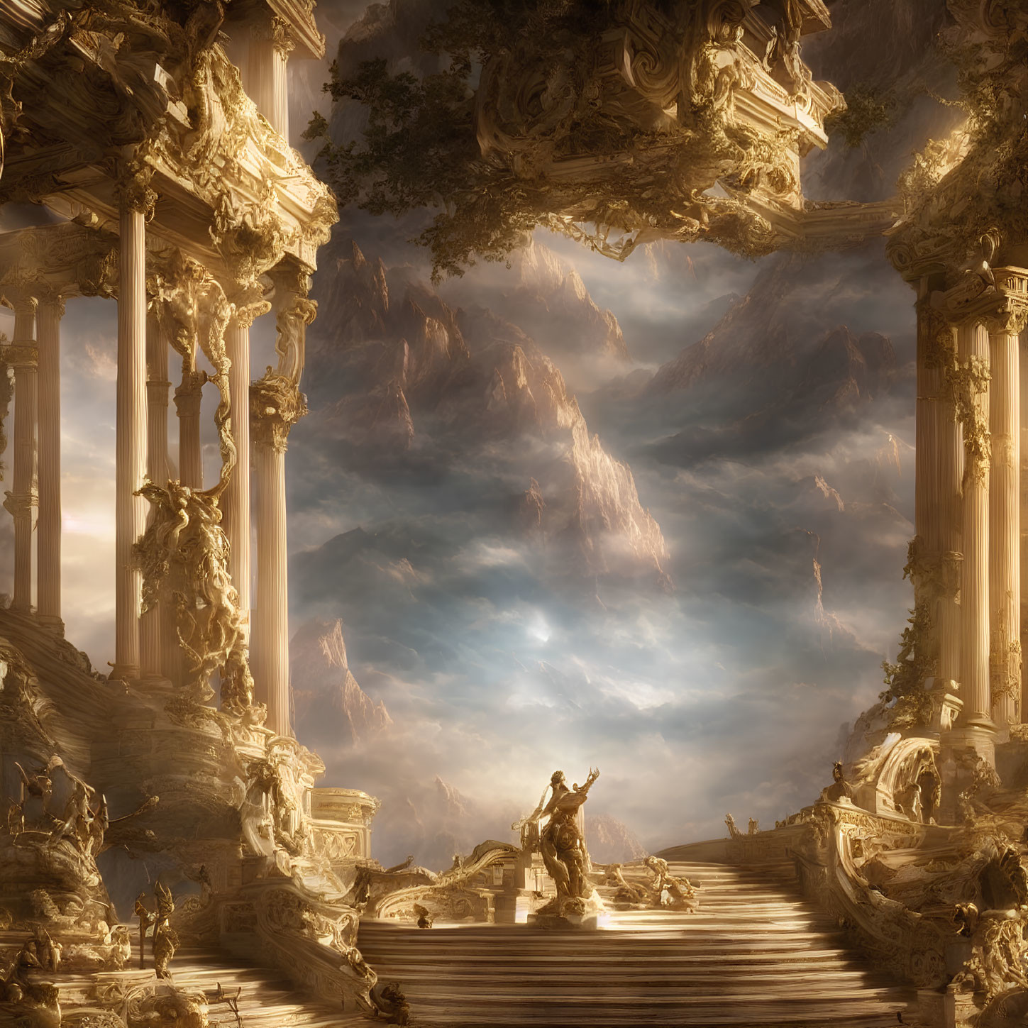 Baroque architecture with celestial figure on grand stairs