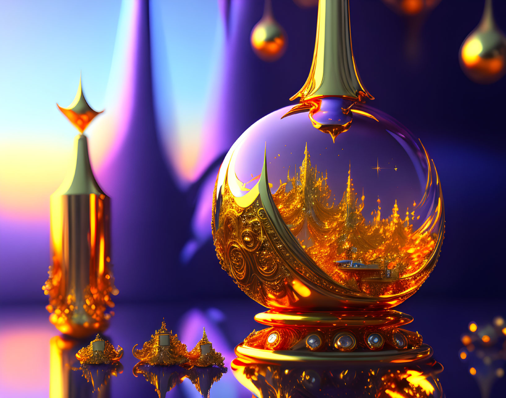 Golden fantasy objects in intricate 3D render against twilight sky