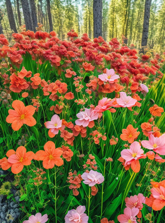 Colorful pink and orange flowers in a forest setting with tall trees