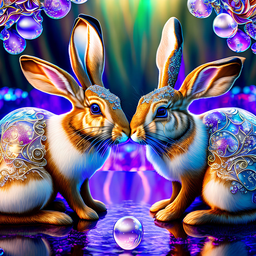 Ornate jeweled rabbits in magical iridescent landscape