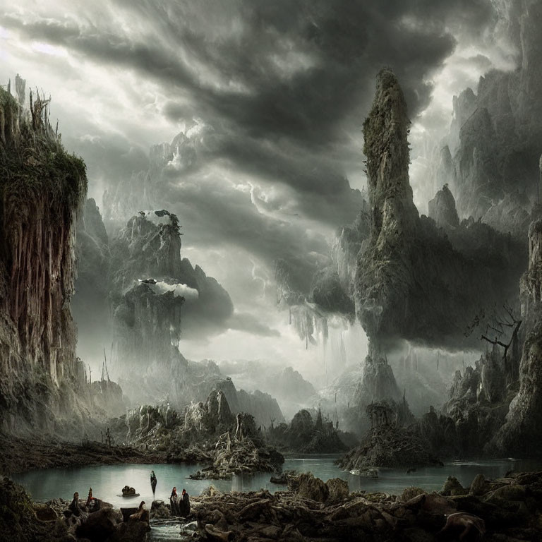 Mystical landscape with towering rock pillars and shadowy figures near tranquil water