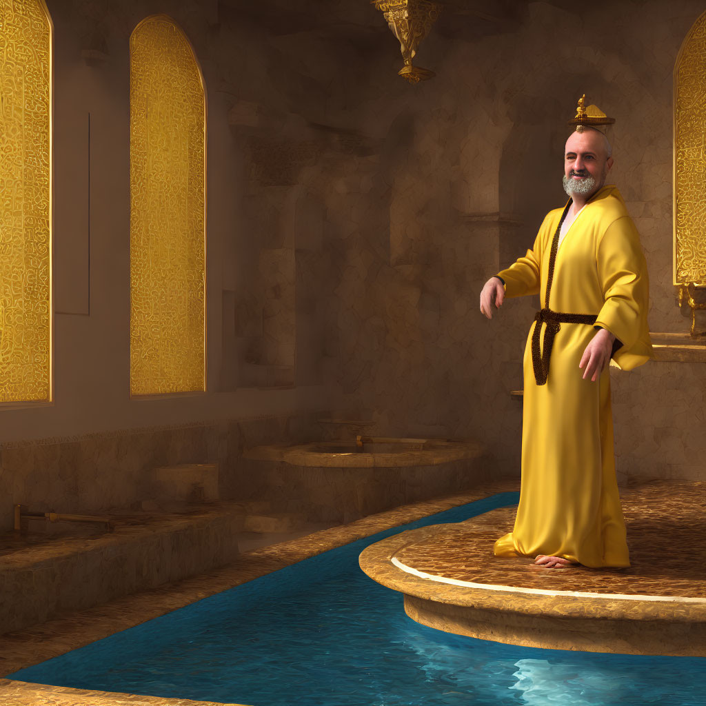 Smiling man in yellow robe by ornate indoor pool