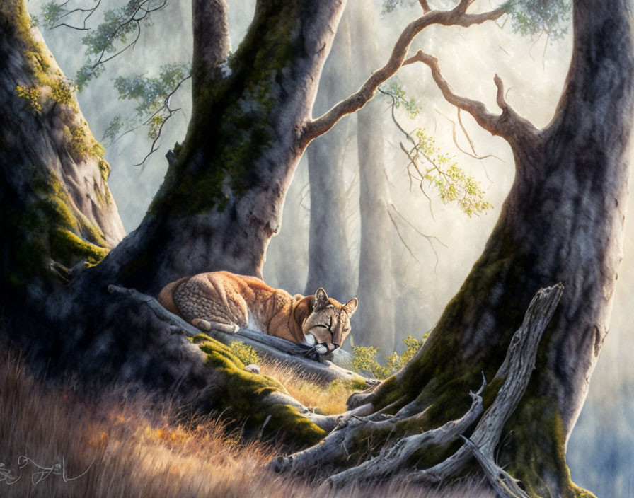 Resting cougar in moss-covered forest with sunlight filtering through trees