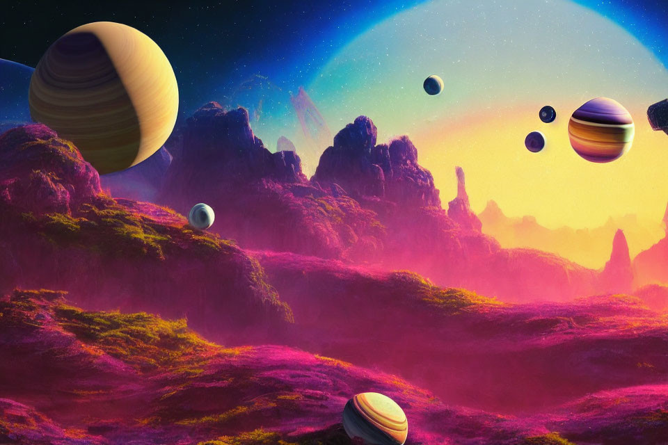 Colorful Sci-Fi Landscape with Planets and Moons Under Starry Sky