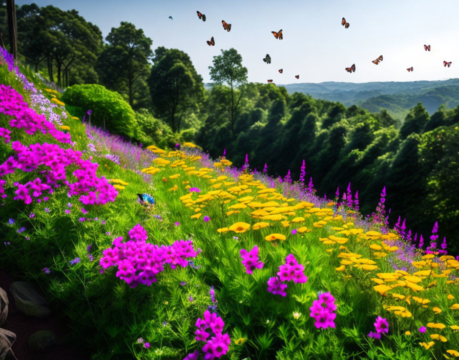 Colorful Hillside Garden with Yellow and Purple Flowers and Butterflies